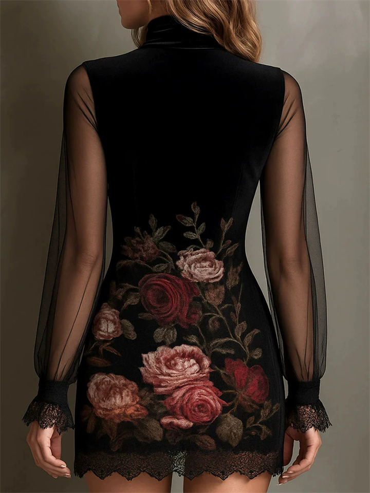 S‌exy Black Lace Floral Print Mesh Sheer Sleeves Women's Dress