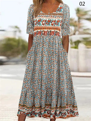 Female Short Sleeve Pullover Bohemian Printed Dress