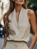 Ladies' Elegant Khaki Solid Color V Neck Pullover Sleeveless Blouses