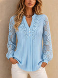 Women Lace Crochet V Neck Long Sleeve Button Down Blouse