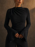 Womens Elegant Ruched Mock Neck Draped Flare Bell Sleeve Top