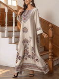 Women's Retro Printed Beads Round Neck Muslim Robe Dress