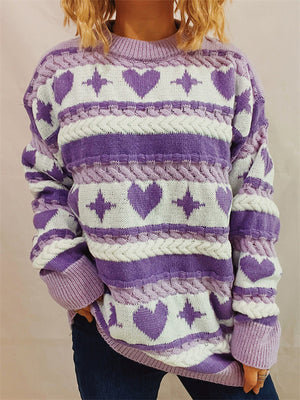 Women's Heart Shape Jacquard Round Neck Pullover Long Sleeve Sweaters
