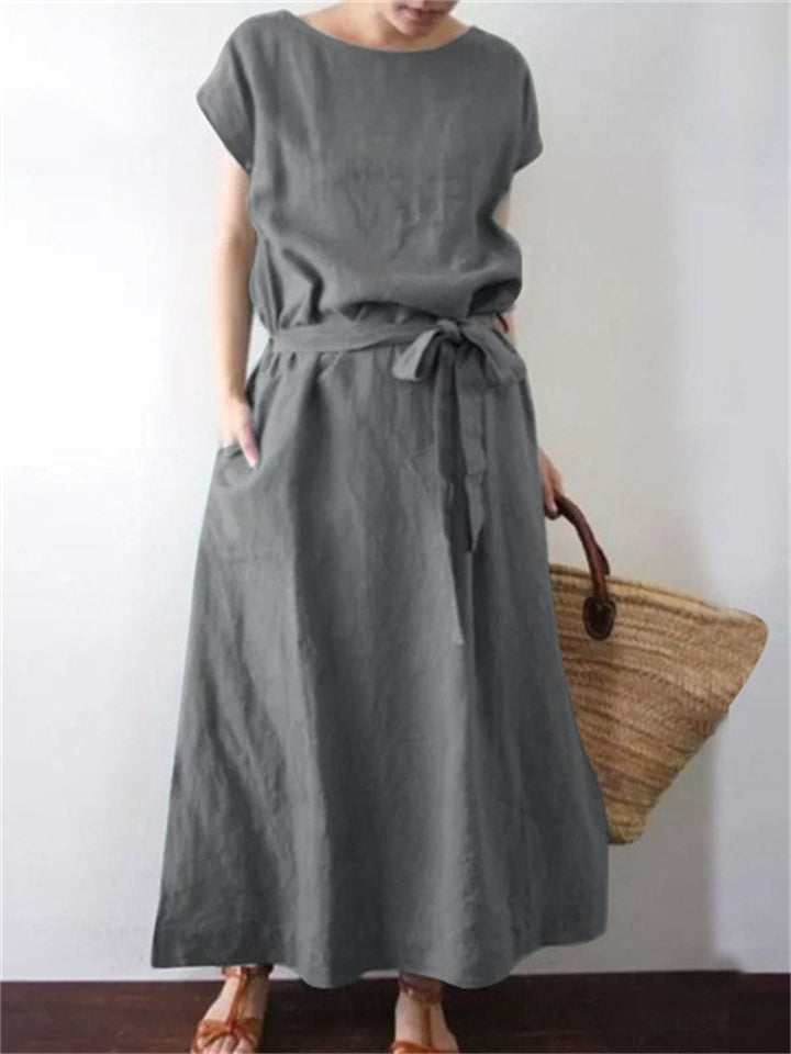 Women's Country Style Casual Cotton Linen Bowknot Dress for Summer