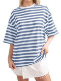 Casual Contrast Color Stripes Round Neck T-shirt for Women