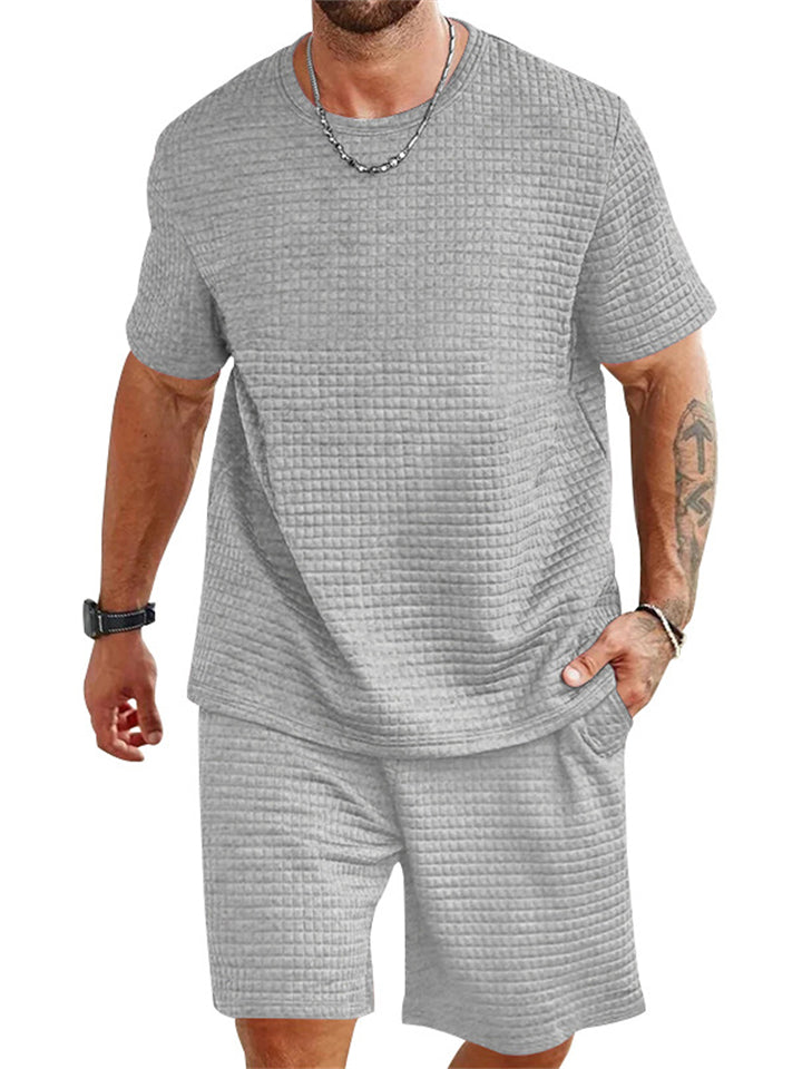 Men's Plaid O-Neck Short Sleeve Top and Drawstring Pants Set