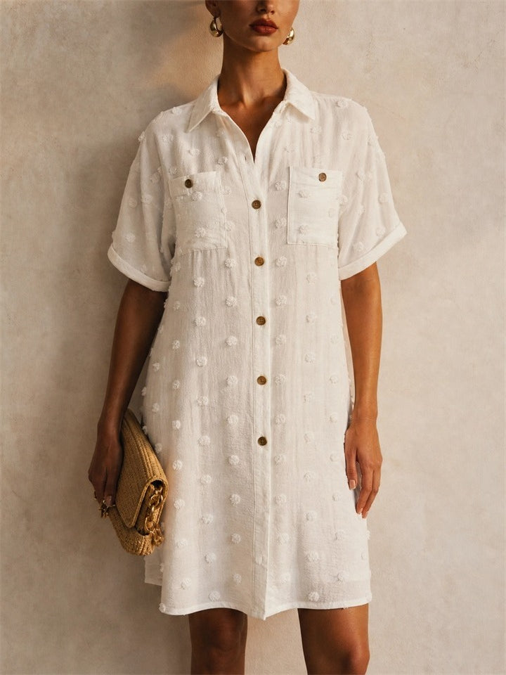Womens Swiss Dot Short Sleeve Button Down Shirt Dress