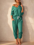 Women Viscose Lounge Set Button Down Off Shoulder Top Drawstring Pants