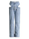 Ladies Hollow Out High-rise Wide Leg Jeans