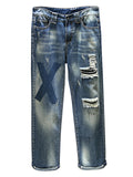 " X " Letter Print Ripped Holes Blue Jeans for Men