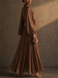 Women Metallic Pleated Tie Neck Lantern Sleeve Maxi Dress