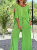 Women's 2Pcs Solid Color Shoulder Cut Lace Up Sleeve Shirt &Pants Set