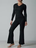Women's 2 Piece Lounge V Neck Long Sleeve Top and Flare Yoga Pants Set