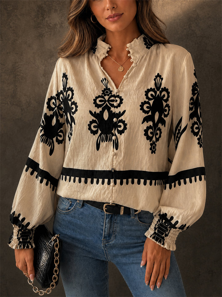 Womens Boho Style Print Lantern Sleeve V Neck Button Blouse