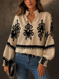 Womens Boho Style Print Lantern Sleeve V Neck Button Blouse