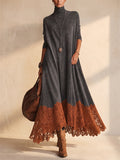 Women Faux Suede Turtleneck Lace Trim Long Sleeve Maxi Dress