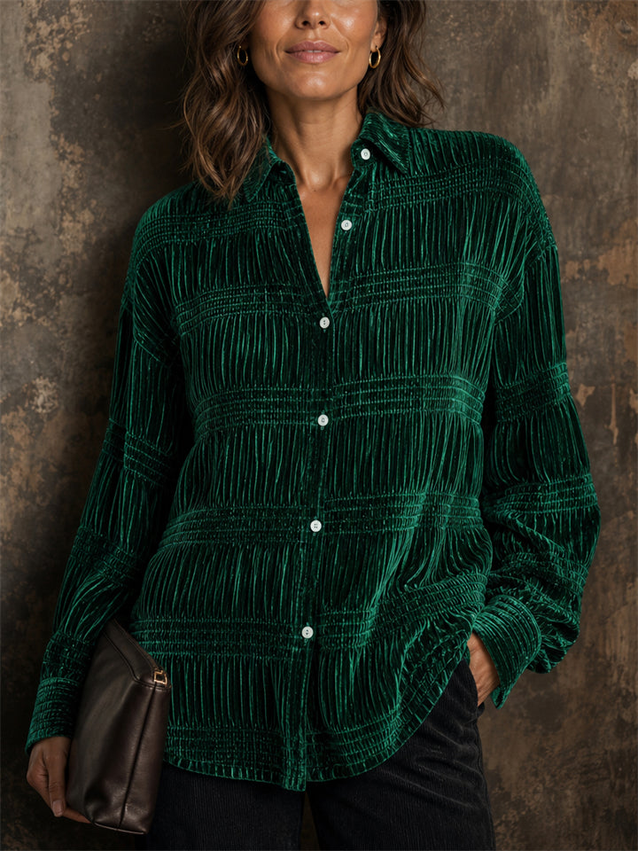 Women Velvet Textured Long Sleeve Button Down Shirts