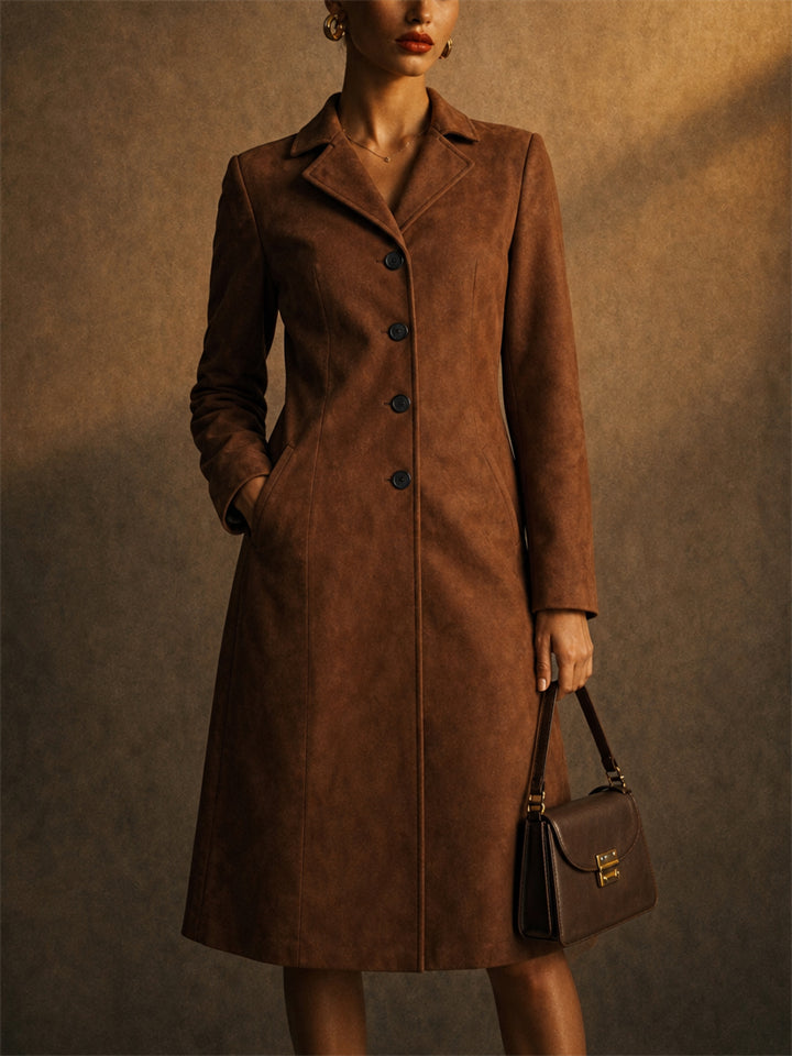 Womens Vintage Brown Faux Suede A Line Button Down Midi Coats