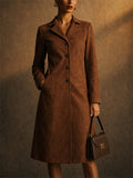 Womens Vintage Brown Faux Suede A Line Button Down Midi Coats