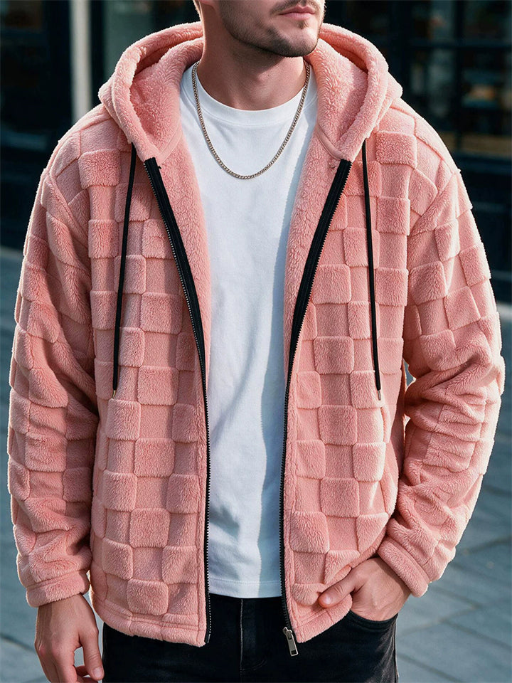 Men Fleece Hoodie Checkered Full Zip Autumn Winter Jacket