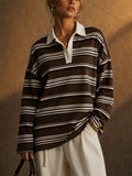 Women's Striped Rugby Shirt Long Sleeve Oversized Polo Top