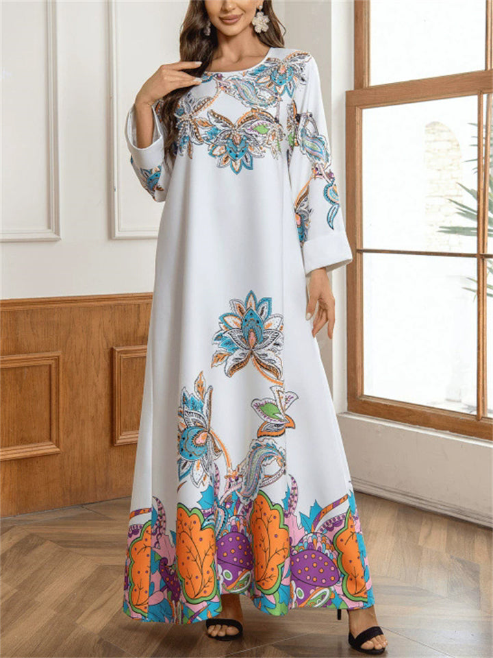 Women's Beads Flowers Printed Round Neck Long Sleeve Maxi Dress