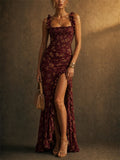 Womens Floral Smocked Ruffle High Slit Boho Summer Dress