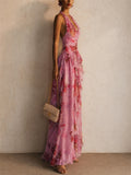 Women Floral Halter Backless Ruffle Gown Maxi Dress