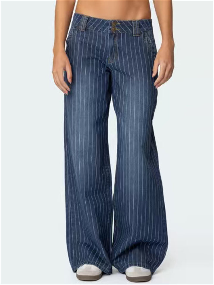 Women's Blue Striped Mid Waist Wide Leg Denim Jeans
