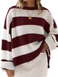 Women's Autumn Round Neck Contrast Color Striped Flare Sleeve Sweaters