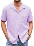 Men's Solid Color Waffle Button Up Suit Collar Short Sleeve Shirts