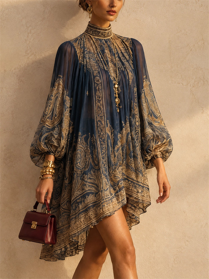 Women Gold Paisley Print Chiffon Lantern Sleeve Mini Dress