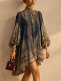 Women Gold Paisley Print Chiffon Lantern Sleeve Mini Dress