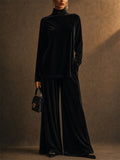 Women Vintage Velvet Turtleneck Top and Wide Leg Pants 2 Piece Lounge Set