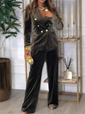 Casual Double Breasted Velvet Blazer and Wide Leg Pants Set for Women