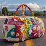 Rainbow Flower Bus Shaped Quilted Duffle Bag for Women