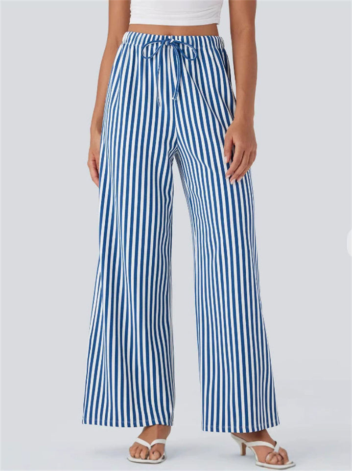 Women's Casual Striped Mid-Rise Drawstring Wide Leg Pants