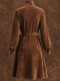 Casual Suede Turtleneck Dress for Women with Belt and Puff Sleeves