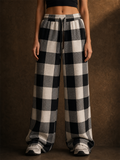 Women Plaid Baggy High Waist Drawstring Lounge Wide Leg Pants