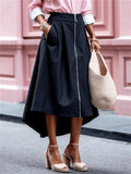 Women's Trendy Solid Color Pleated Zip Up High Waist Asymmetric Hem Skirts