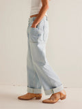 Female Loose Washed Button Trim Jeans with Pockets
