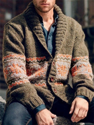 Male Turn-down Collar Knitting Jacquard Sweater