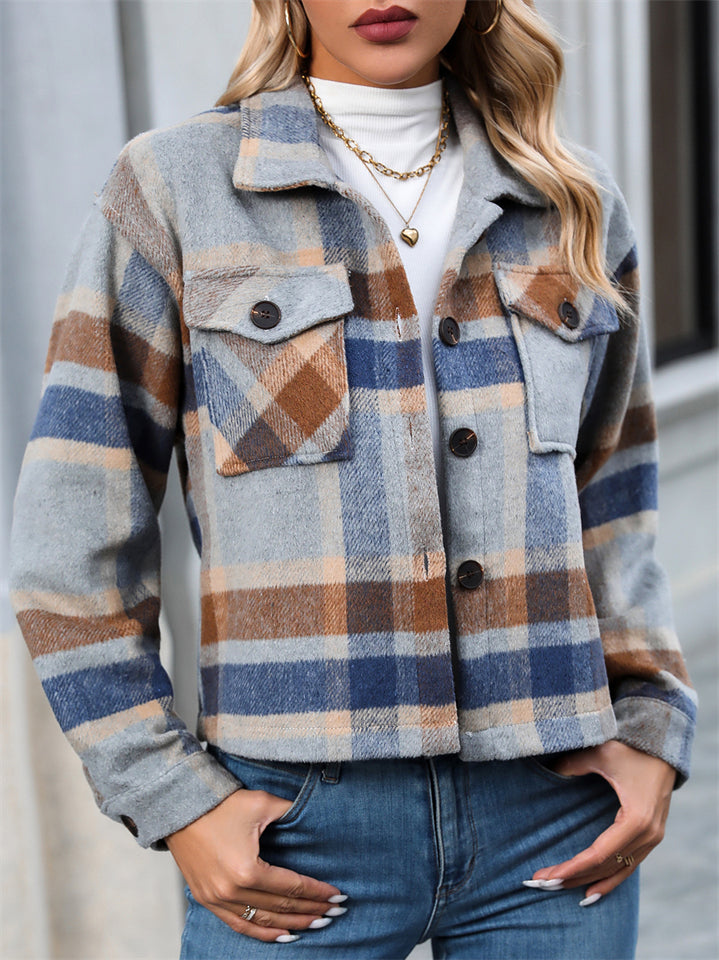 Women's Causal Contrast Color Plaid Pockets Waist Length Coat