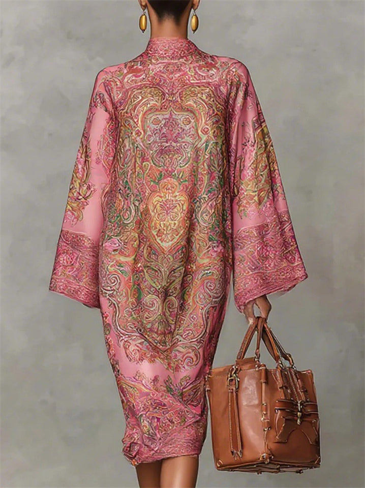 ‌Women's Elegant Ethnic Style Long Sleeve Paisley Print High Neck Dress‌