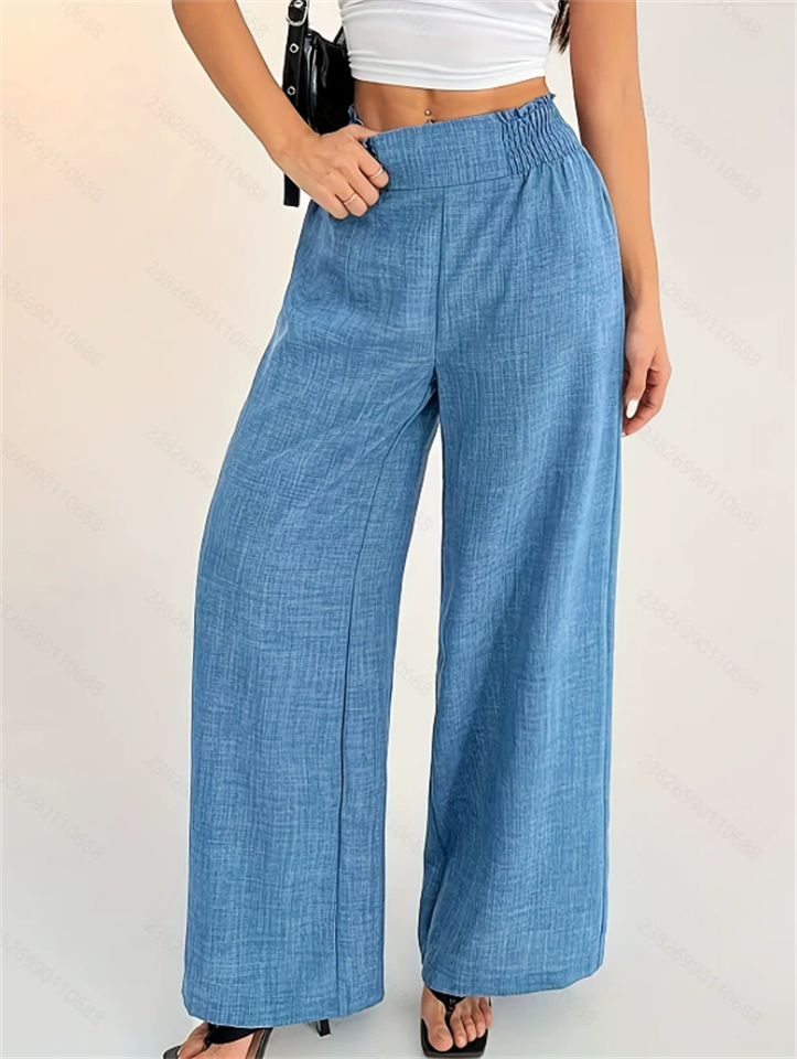 Women's Elegant Blue Solid Color High Rise Elastic Waist Wide Leg Pants