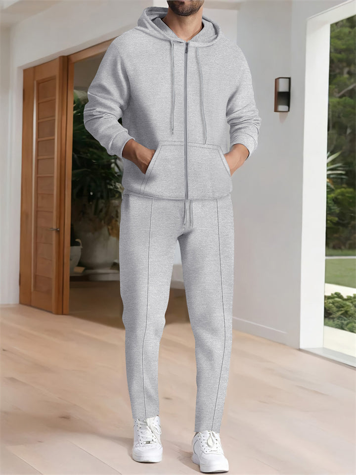Sporty Waffle Long Sleeve Hooded Outfits for Men