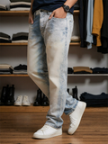 Men Streetwear Wash Jeans Vintage Straight Leg Denim Pants