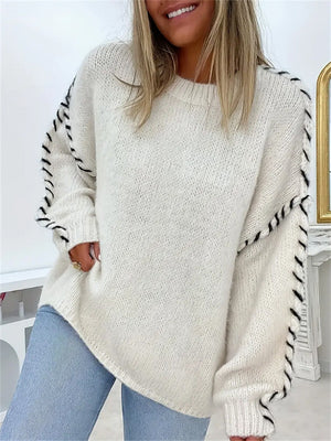 Women's Simple Contrast Trim Round Neck Drop Shoulder Sweater