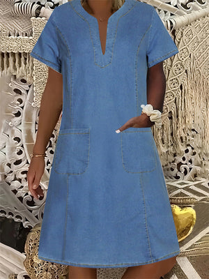 Women's Summer Solid Color V Neck Pockets Denim Dress