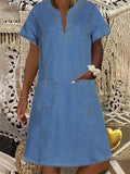 Women's Summer Solid Color V Neck Pockets Denim Dress